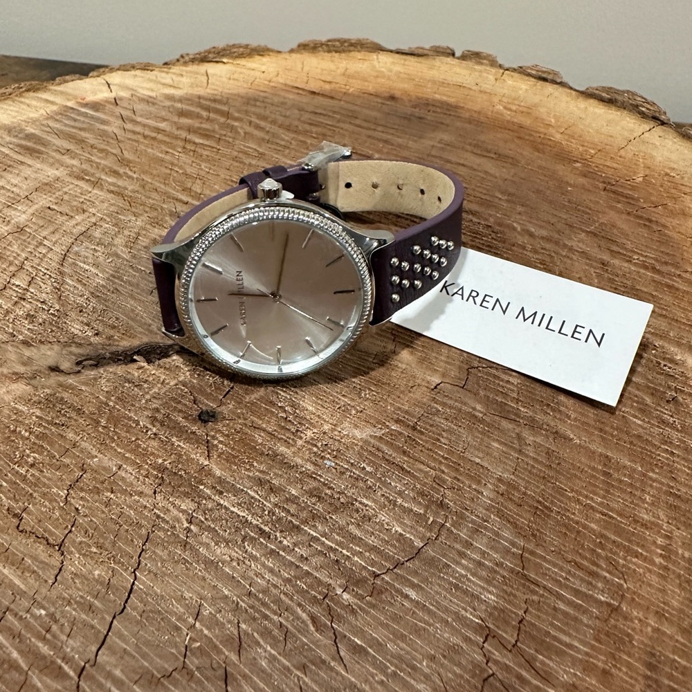 Karen Millen Silver Dial Watch with Purple Studded Strap